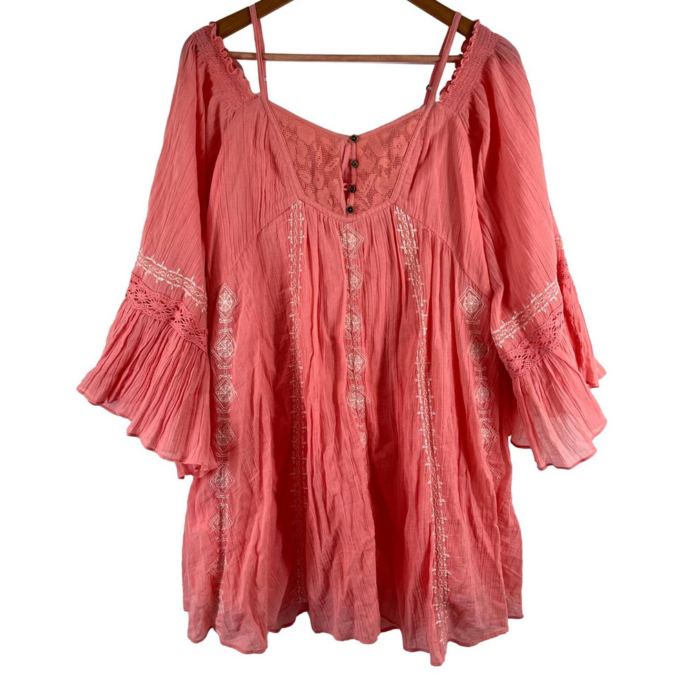 Free People Pink Hand Embroidered Cold Shoulder Tunic Dress Size Small EUC - Picture 1 of 9